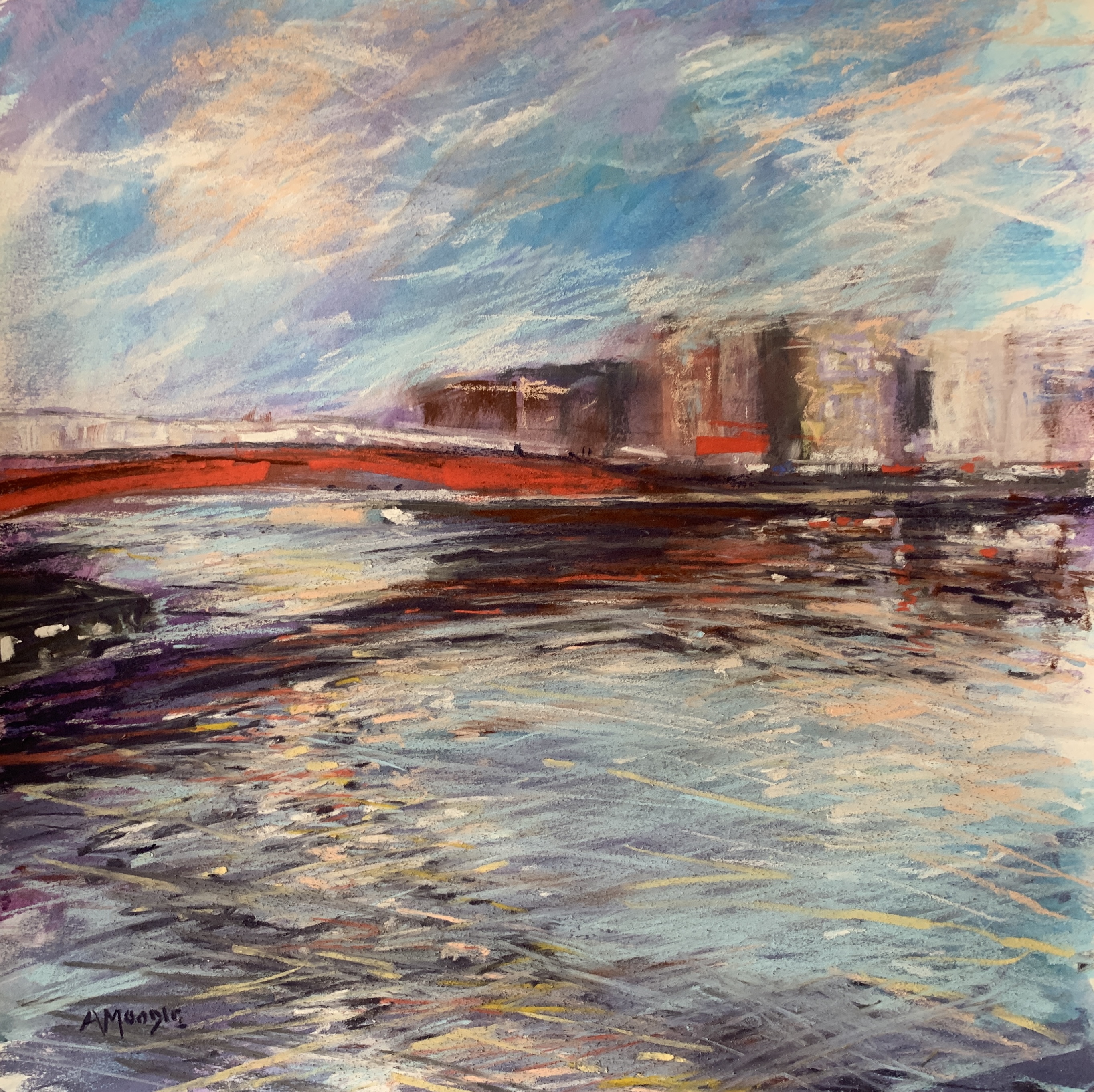 Red Swing Bridge (mixed media, mounted)