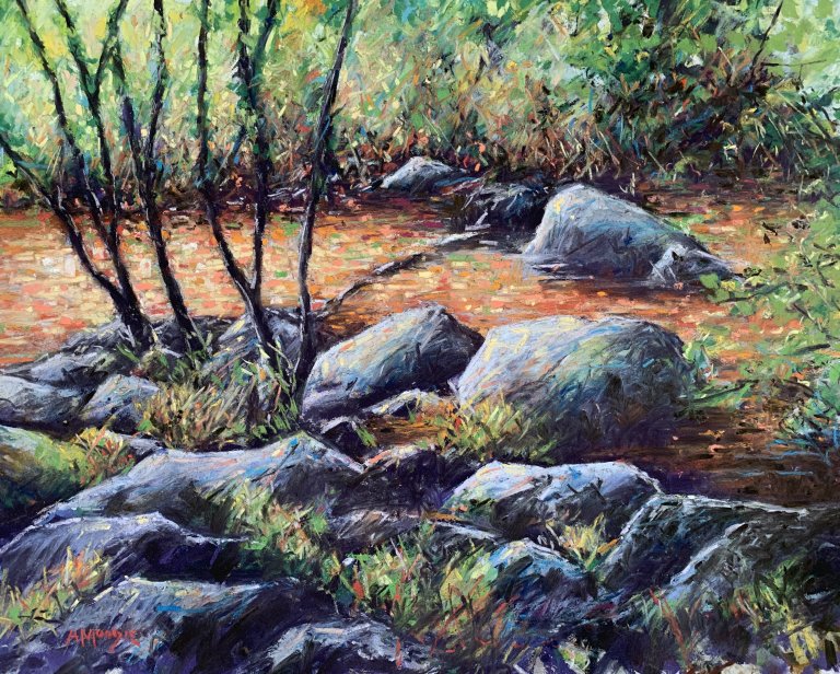 Sunlight on Rocks and Water (mixed media, mounted)