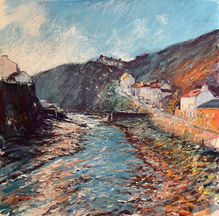 Sparkling Beck, Staithes (mixed media, mounted)