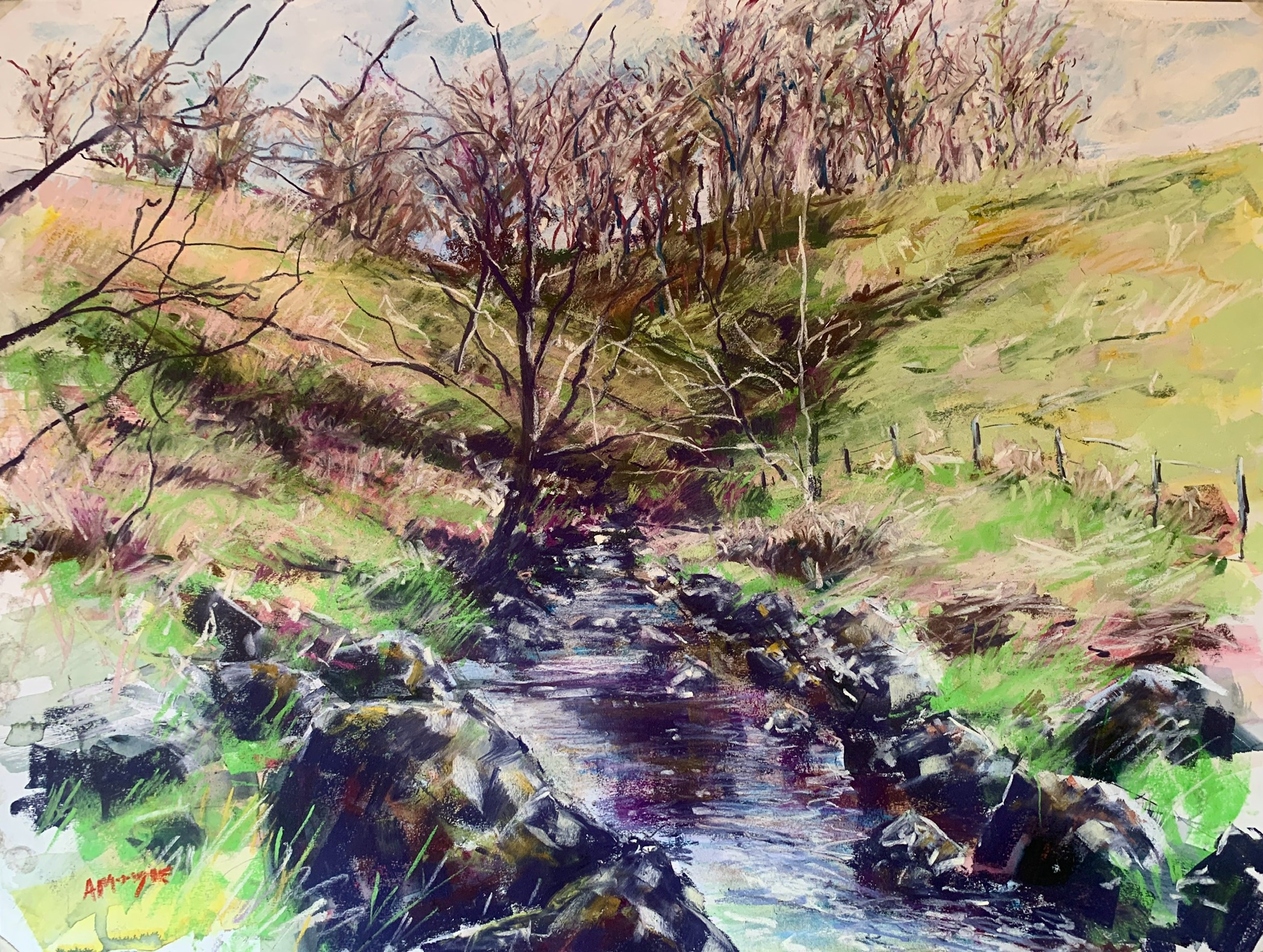 The Beck at Stean (mixed media, mounted)