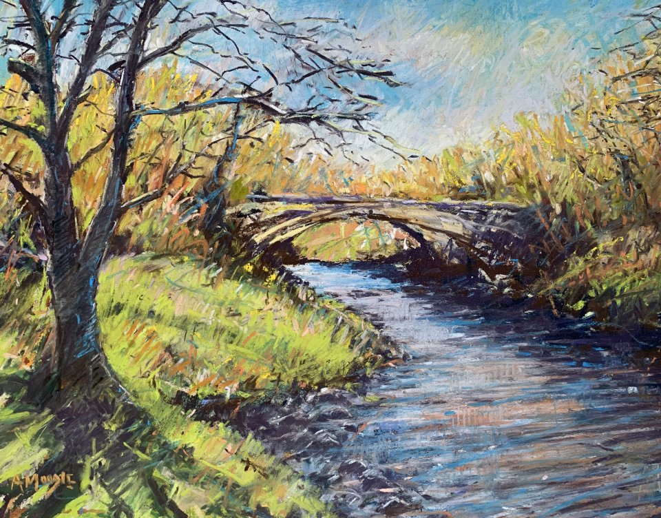 Bridge in Winter Sun, Kettlewell (mixed media, mounted)