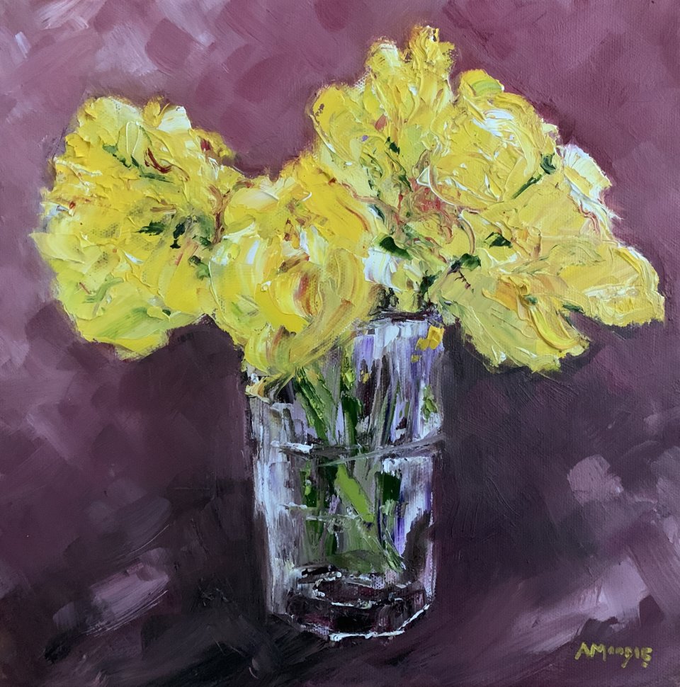 Daffs in a Glass (oil on canvas, framed)
