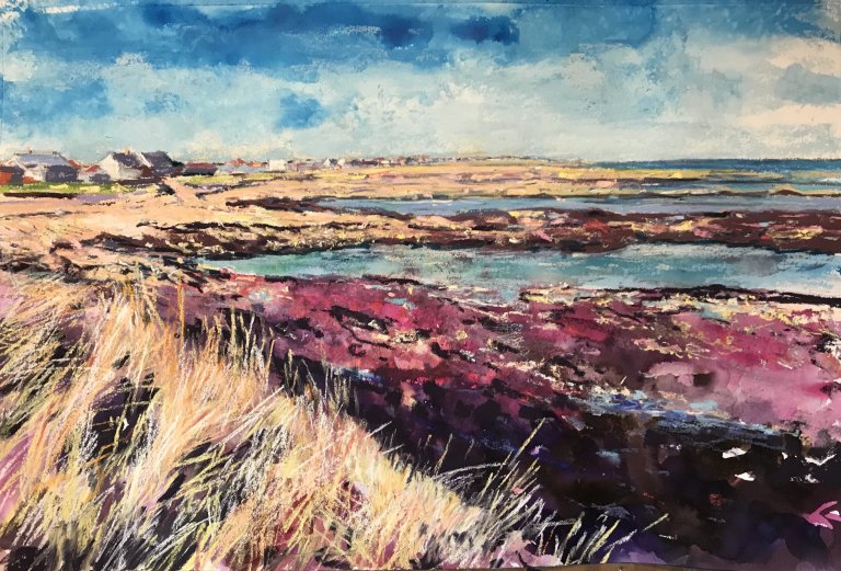 Beadnell from Beadnell Point (mixed media, framed)