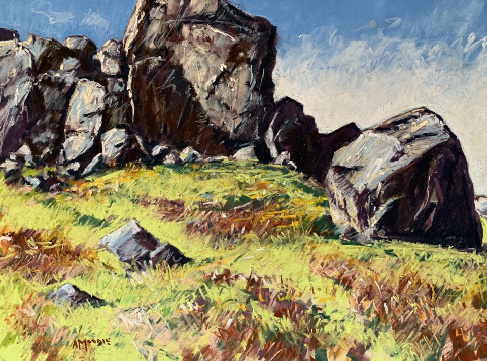 Cow and Calf in Winter Sun, Ilkley (pastel, mounted)
