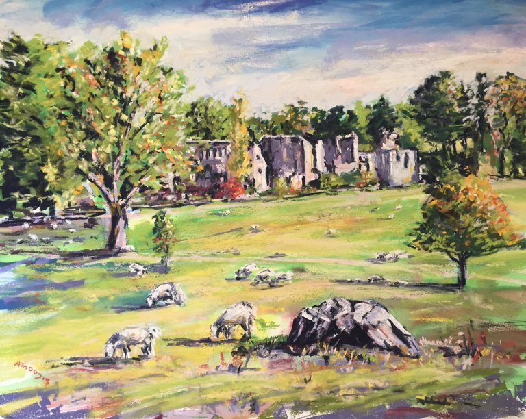 Jervaulx Abbey, Yorkshire (mixed media, mounted)