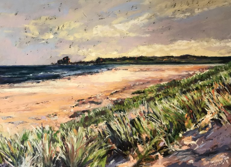 Bamburgh Castle from Ross Sands 1 (pastel, mounted)