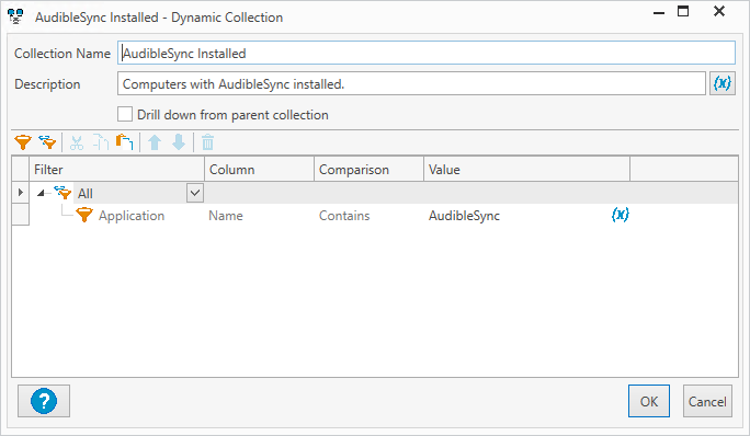 A dynamic collection filter rule which identifies computers with AudibleSync