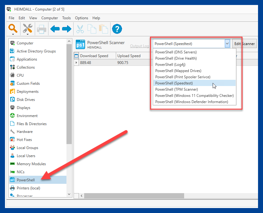 Opening the computer details page and navigating to the PowerShell menu.