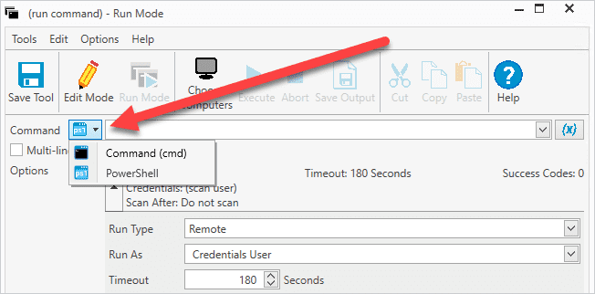 Select the desired command type in the run command window.