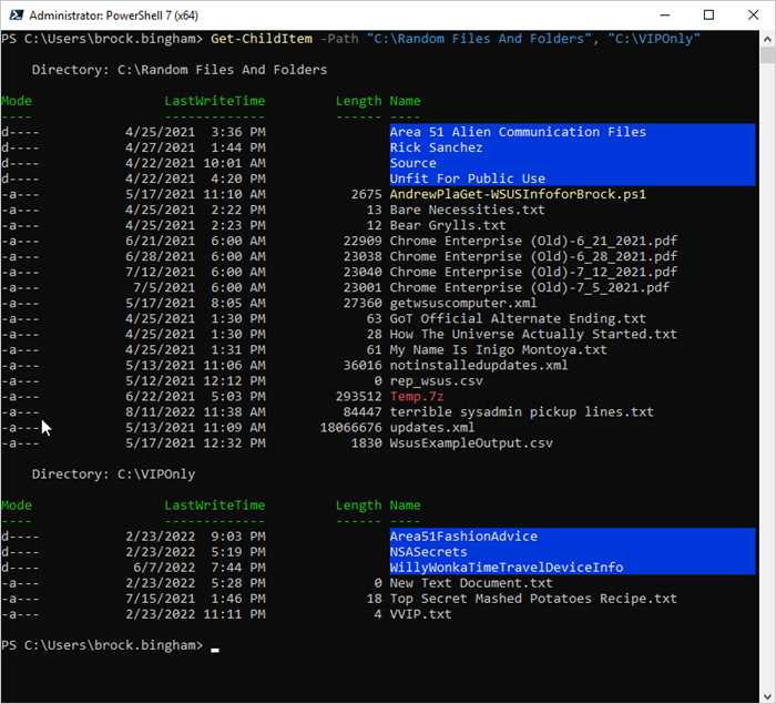 Screenshot of PowerShell console showing the output of Get-ChildItem -Path Path1, Path2. 