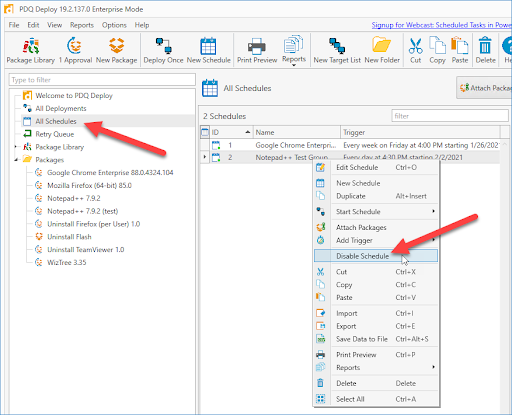 click on the All Schedules option in PDQ Deploy