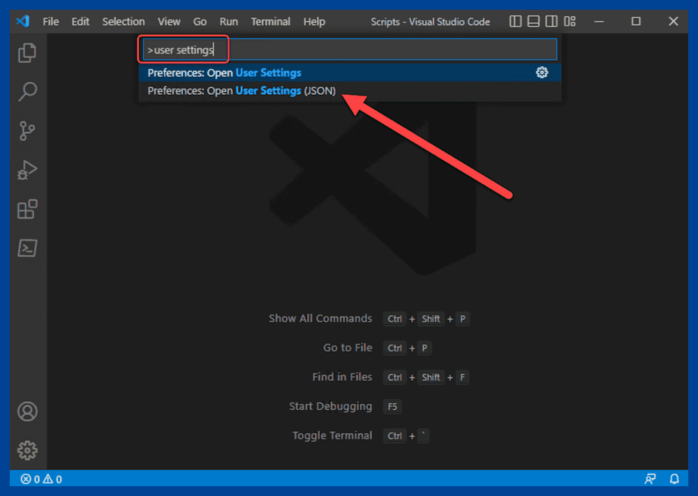 Open the User Settings JSON file in VS Code