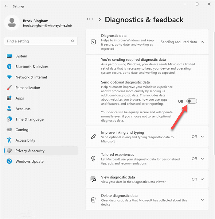 Disabling optional diagnostic data in the settings app in Windows 11.