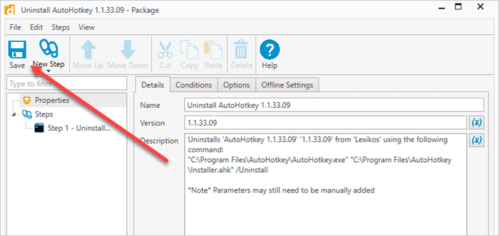 Screenshot of how to click Save to save the uninstall package.