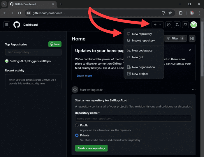 Creating a new repository in GitHub.