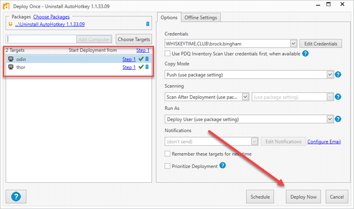 Screenshot of how to add targets to the deployment, then click Deploy Now.