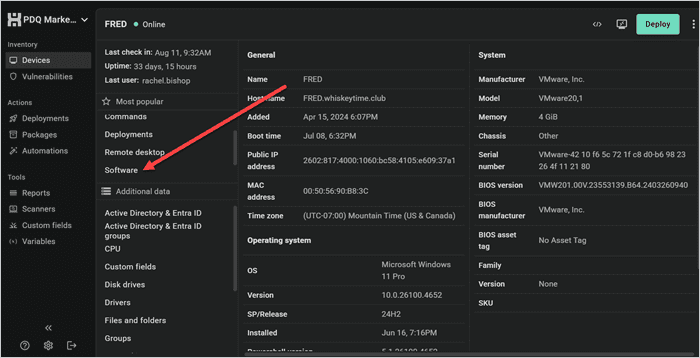 Screenshot showing the Software option in the device view.