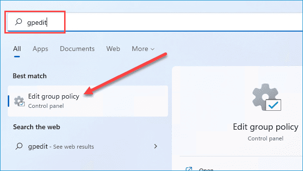 Windows search box with “gpedit” typed and red arrow pointing to “Edit group policy” in search results.