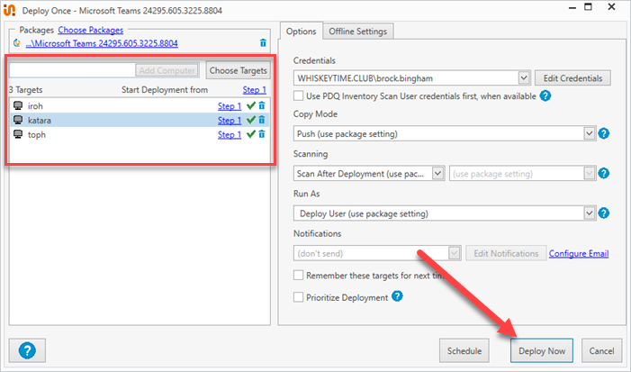 Screenshot showing the target devices and Deploy Now button in PDQ Deploy.