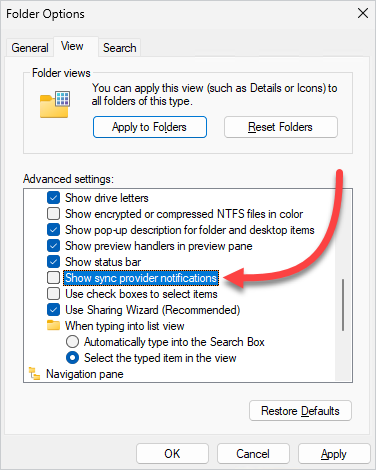 Screenshot of the "Show sync provider notifications" option in File Explorer > ... > Options > View.