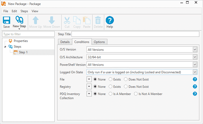 Setting the screenshot package conditions in PDQ Deploy.