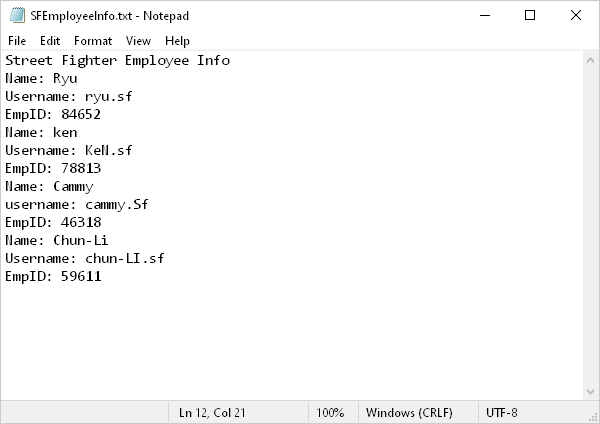 This is an CSV file containing fictional names, usernames, and employee IDs.