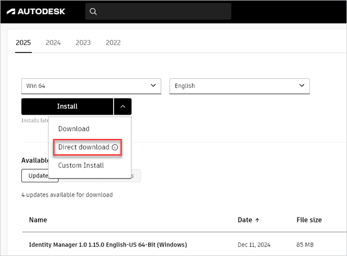 Downloading the Revit direct download files from Autodesk.