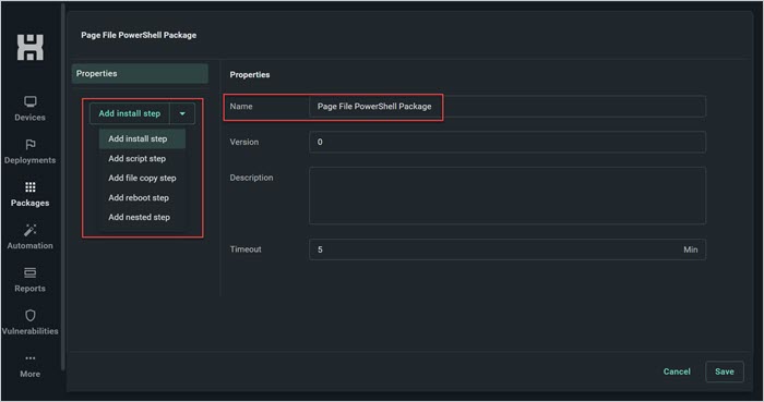 Screenshot of the PDQ Connect UI showing the package name and the "Add install step" drop-down menu.

