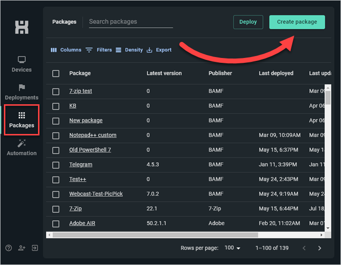 Click Packages, then click Create Package.