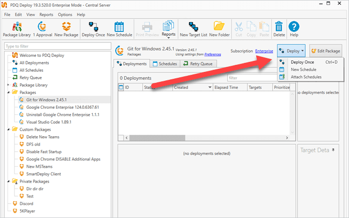Deploying the Git package using PDQ Deploy.