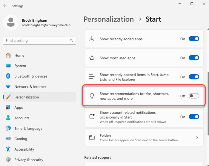 Screenshot showing the "Show recommendations for tips, shortcuts, new apps, and more" setting in Settings > Personalization. 