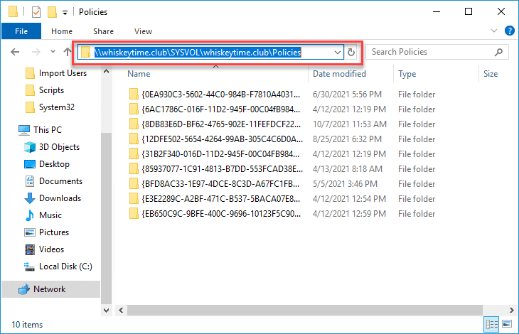 File Explorer window showing the SYSVOL policies path on a domain controller with the file path highlighted.