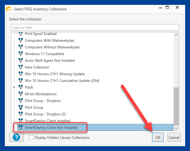 Select the SmartDeploy Client Not Installed collection, and click OK