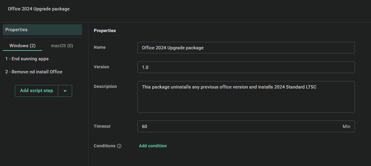Creating a Office upgrade package in PDQ Connect.