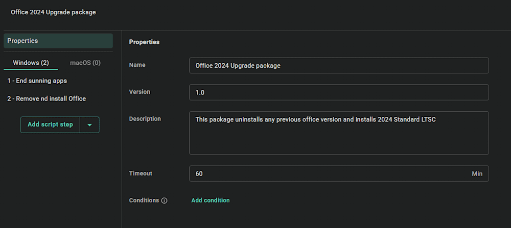 Creating a Office upgrade package in PDQ Connect.