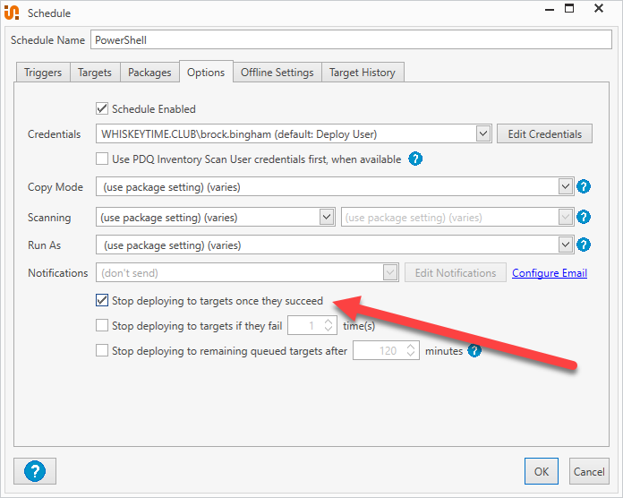 Select deployment options in PDQ Deploy.