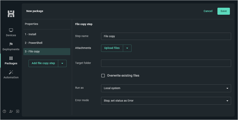 File copy step properties in PDQ Connect.