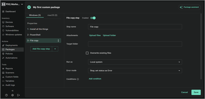 PDQ file copy step with attachments, target folder, overwrite, run as, error mode, and conditions settings.