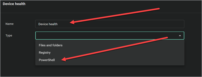 PDQ Connect scanner setup showing Device health as the scanner name and PowerShell as the scanner type.