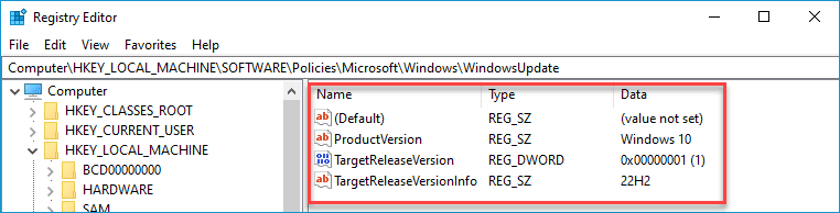 Screenshot showing how the registry edits appear in the Registry Editor.