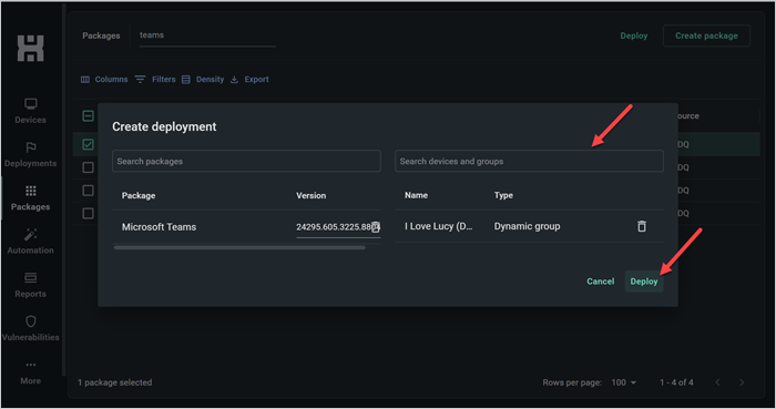 Screenshot showing the search bar and the Deploy button in PDQ Connect's "Create deployment" window. 