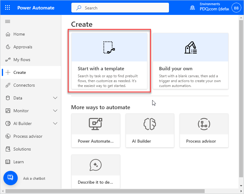 Click the "Start with a template" button in Power Automate.