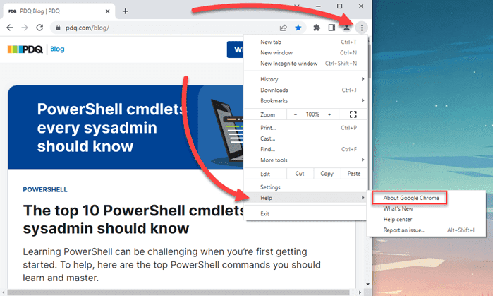 Navigating to the About Google Chrome settings page