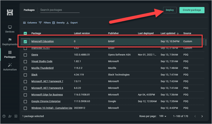 Select the Minecraft Education package, then click Deploy.