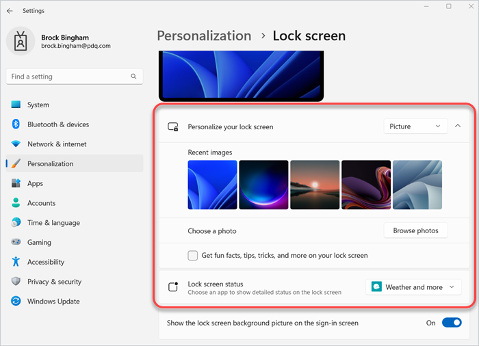 Screenshot showing the "Get fun facts, tips, tricks, and more on your lock screen" option in Settings > Personalization > Lock screen when you change "Personalize your lock screen" from "Windows spotlight" to "Picture."