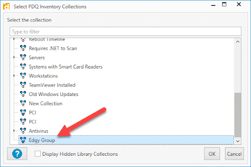 PDQ Inventory collection browser with 'Edgy Group' collection highlighted for targeting deployments.