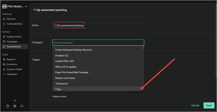 PDQ automation setup screen with "7-Zip automated patching" name and 7-Zip package selected from package list.