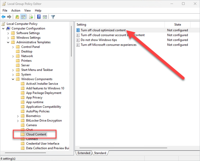 Open the "Turn off cloud optimized content" policy.