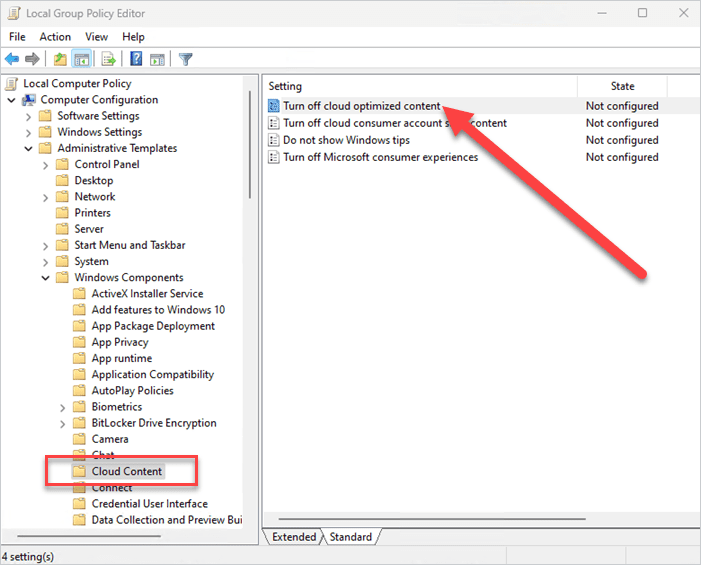 Screenshot of the Local Group Policy Editor showing the "Turn off cloud optimized content" policy.