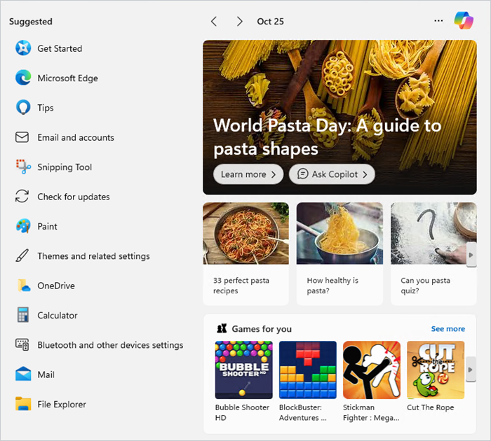 Screenshot showing the search window, which includes several articles on pasta and game recommendations. 